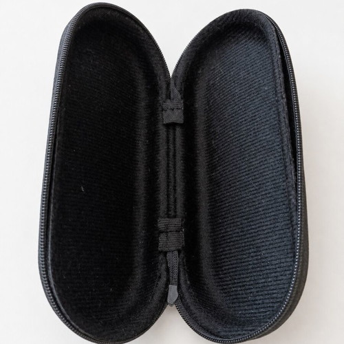Black hard-shell glasses case with zip closure