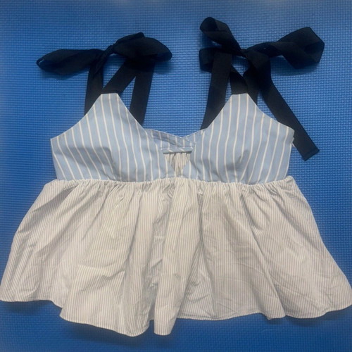 Y2K Blue Striped Peplum Babydoll Top with Black Ribbon Ties Zara size S like new