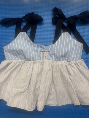 Y2K Blue Striped Peplum Babydoll Top with Black Ribbon Ties Zara size S like new