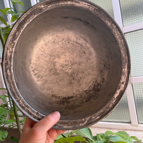 Antique copper pot with lid and monograms used, circa 1900