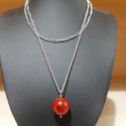 Necklace and earrings with coral in steel, new, 70 cm long