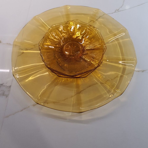 Vintage dessert set with large glossy amber platter and 4 plates like new