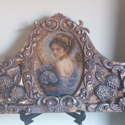 Vintage tabletop frame Blue Hortensia with glass coating 39×26 cm