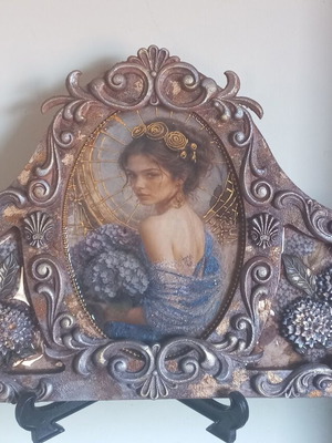 Vintage tabletop frame Blue Hortensia with glass coating 39×26 cm
