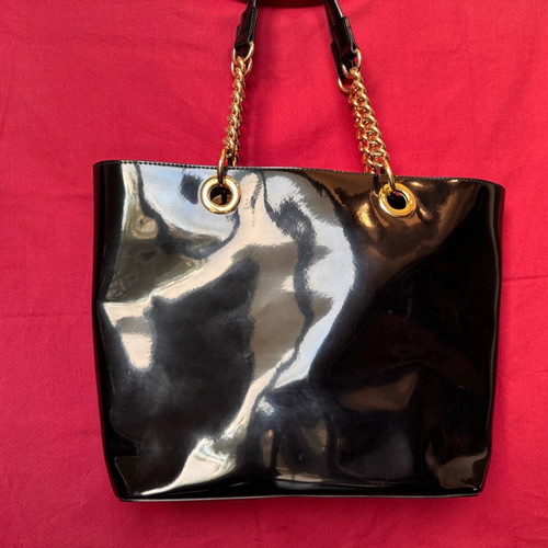 DKNY black PVC shoulder tote handbag with golden chain like new