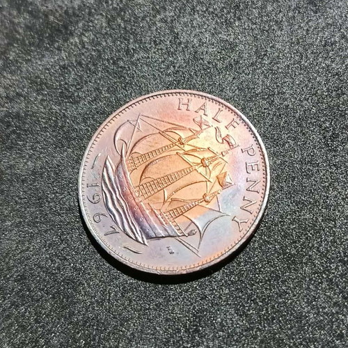 British Half Penny Coin 1967 with Rainbow Patina like new