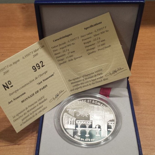 2000 Silver France 6.55957 Francs Art Grecque et Romain Proof Coin New