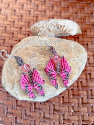 Handmade macrame earrings new with beads butterfly pattern white and pink