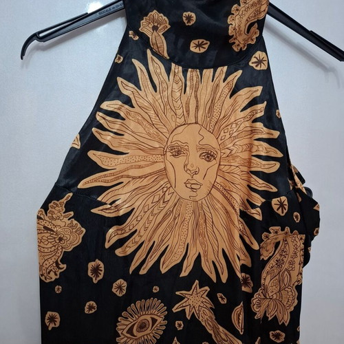 Abstracto long satin dress black with sun pattern, size L, like new