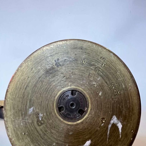 Antique handmade brass floor ashtray from shell with door and emblem 52x13