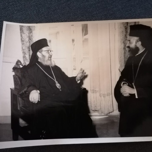 Archbishops Theoklitos and Makarios photo used, 1957 meeting