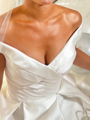 Demetrios wedding dress like new, ivory satin, off-shoulder, size S