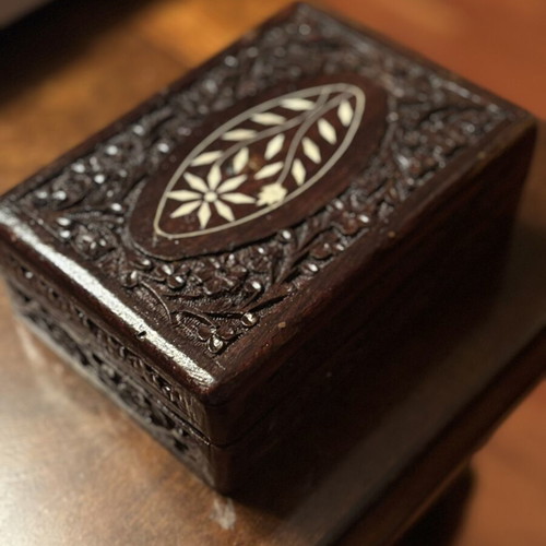 Handmade carved wooden jewelry box like new with velvet lining