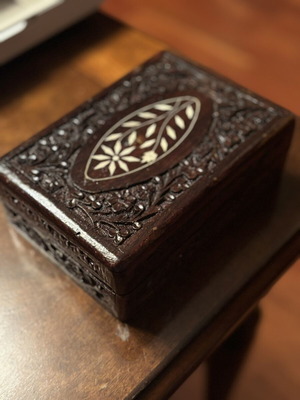 Handmade carved wooden jewelry box like new with velvet lining