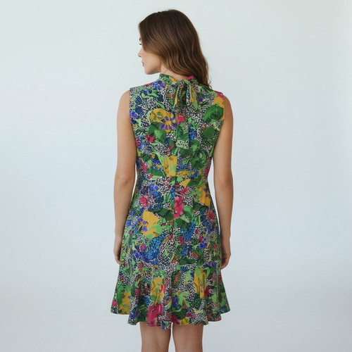 Saloni 100% Silk Green Floral Dress with High Neck & Ruffle, US 8 UK 12