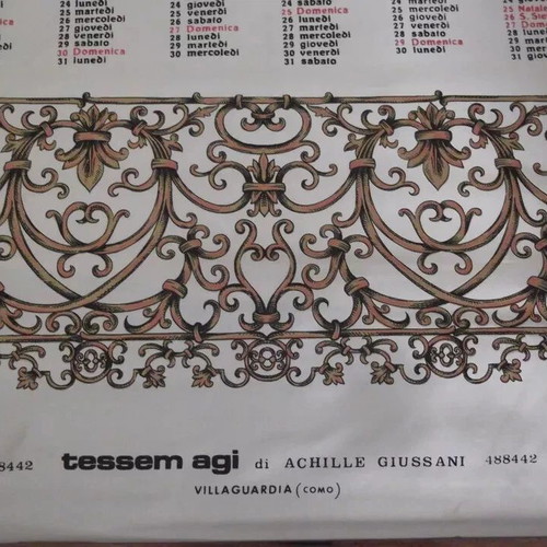 Italy Vintage 1970 Silk Hanging Calendar used, Tessem Agi Achille Giussani Como
