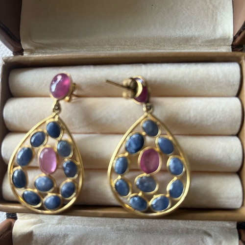 925 Silver Gold-Plated Earrings with Labradorite and Tourmaline New