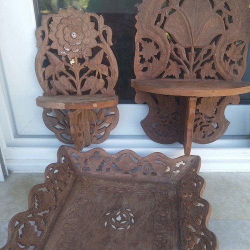 Handmade carved wooden decorative set used, 3 pieces, Sheesham wood