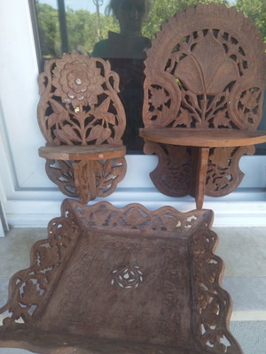 Handmade carved wooden decorative set used, 3 pieces, Sheesham wood