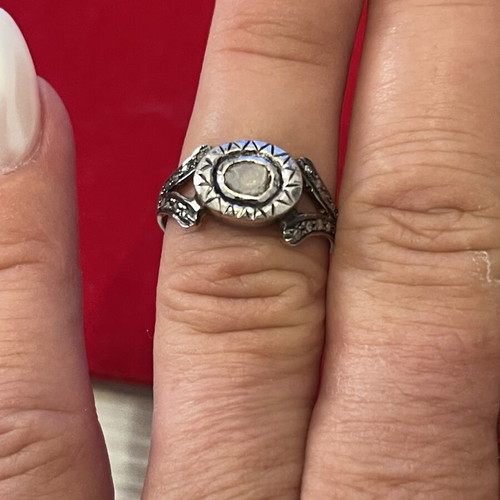 Silver gold ring with old cut diamonds used, size 56
