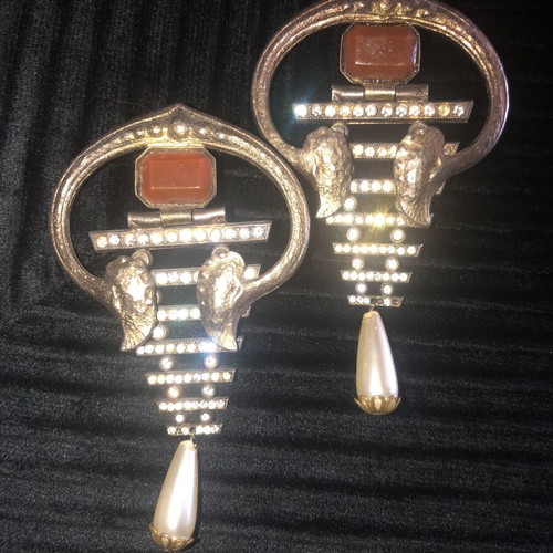 Vintage statement earrings like new, gold and silver with crystals and pearl