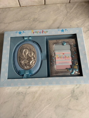 Princelino baptism gift set for boy with silver Virgin Mary icon and frame