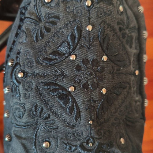 Desigual black grey denim crossbody bag used with embroidered flowers and studs