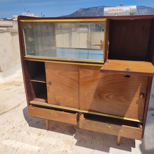 Vintage Mid-Century Showcase Bar with Glass Display and Brass Details used