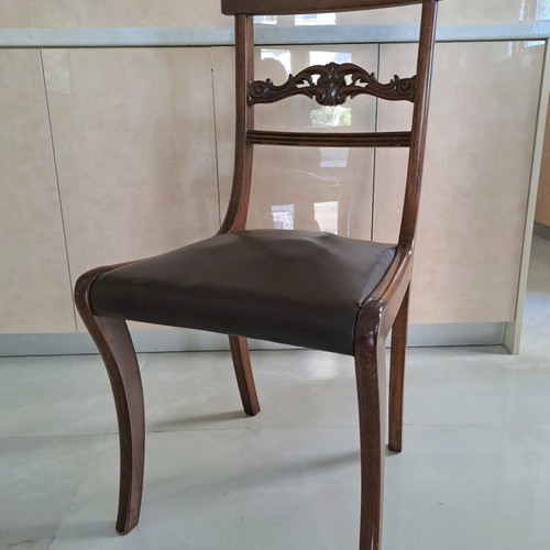 Dining chairs and armchairs used, handmade solid walnut set of 8, Corfu style with leather upholstery