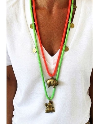 2 Necklaces made of thick high-quality cord with Frog & Elephant pendants