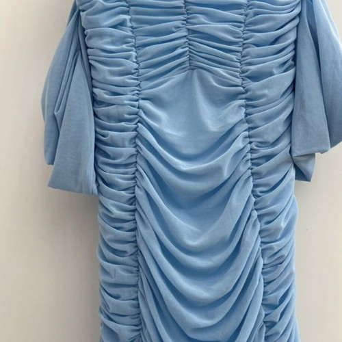 Romantic dress with ruching baby blue, new, fits small and medium