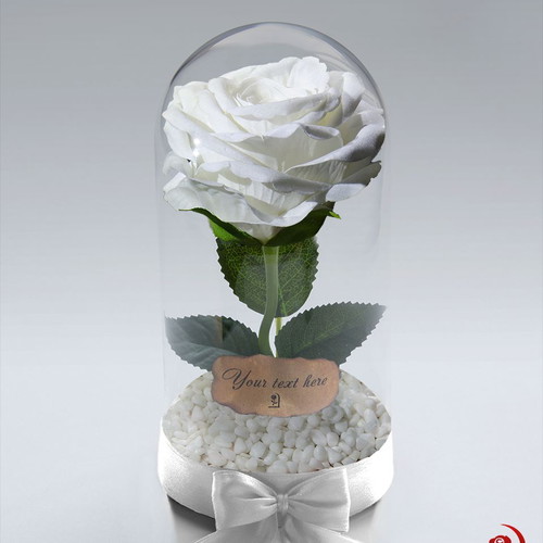 White artificial eternal rose in glass dome with LED lights custom made