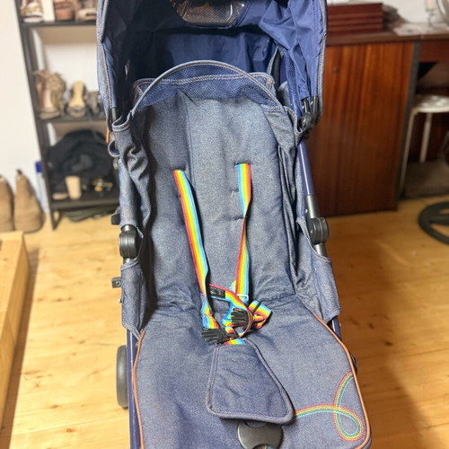 Mothercare Little Bird stroller used, denim fabric, rainbow straps