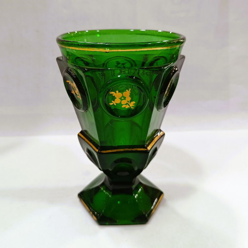Rare Biedermeier Crystal Glass emerald like new with gold decoration