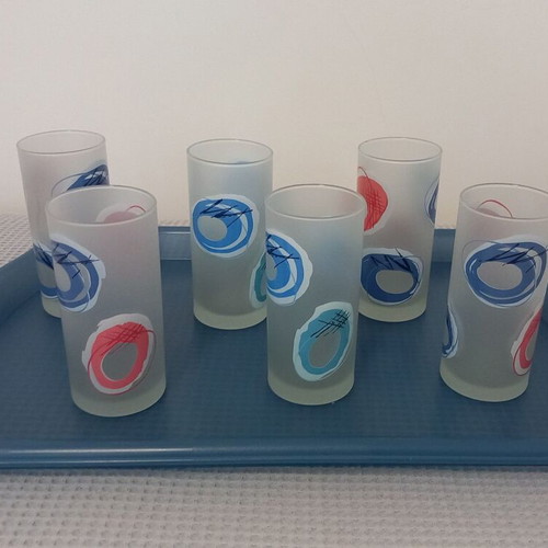 Set of 6 new glasses with frosted glass and blue/pink designs