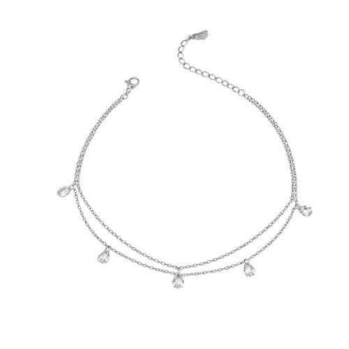 Steel Double Chain Anklet with Hanging Rhinestones Silver Color