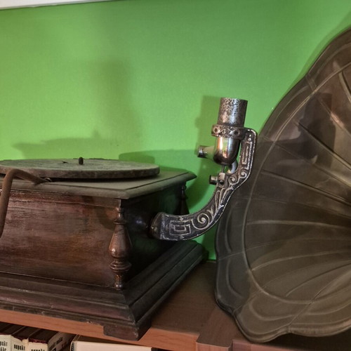 Wooden gramophone collectible, hand-crank operation, like new