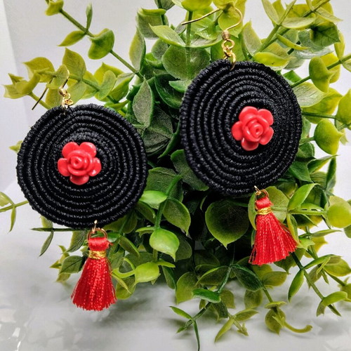 Macrame spiral earrings with red tassel made to order