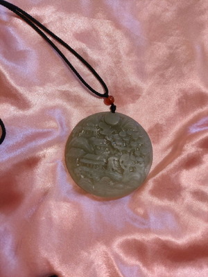Handmade necklace with carved pendant of natural green jade stone and Chinese motif, new