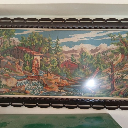 Handmade embroidery painting in solid walnut frame with glass