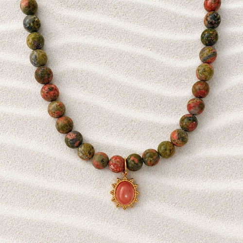 Handmade necklace with unakite stones and cat's eye pendant, stainless chain