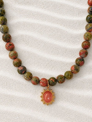 Handmade necklace with unakite stones and cat's eye pendant, stainless chain