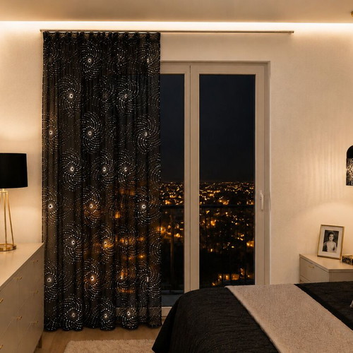Black Semi-Transparent Curtain with Silver Spiral Design 286x274 cm new