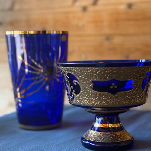 Crystal vase and fruit bowl blue with gilded details used