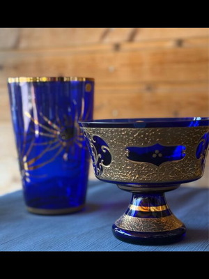 Crystal vase and fruit bowl blue with gilded details used
