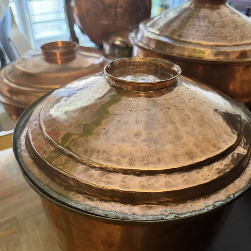 Copper cookware collection like new with embossed Justice decorative plate