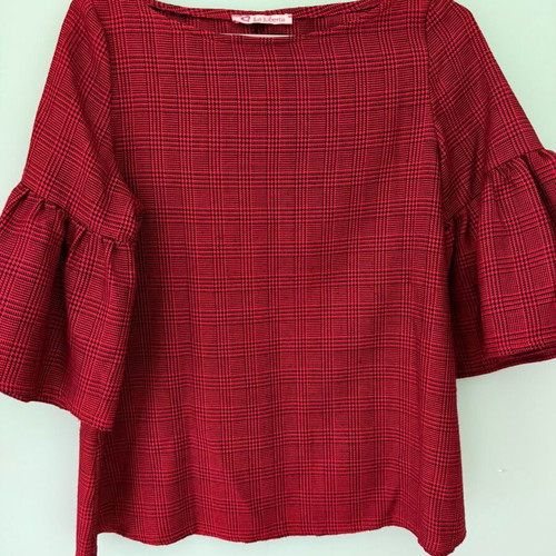 Red blouse with check pattern and dramatic sleeves, like new, size S