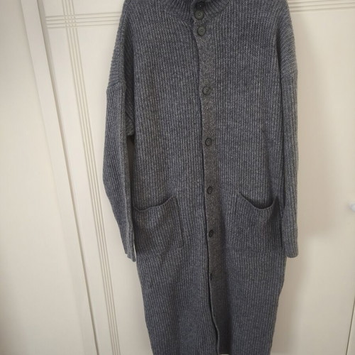 Women's long knitted cardigan 3XL, charcoal grey, high neckline, front pockets