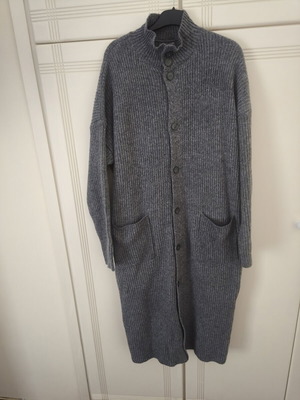 Women's long knitted cardigan 3XL, charcoal grey, high neckline, front pockets