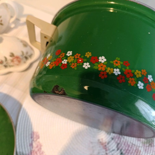 Large German enamel pot used with gilded handle for decoration